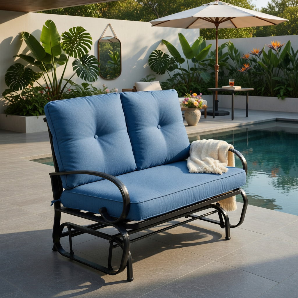 Hommoo Outdoor Rocking Loveseat Bench with Cushions, Steel Frame Patio Bench for Backyard, Deck & Poolside, Cushioned 2-Person Rocker, Navy