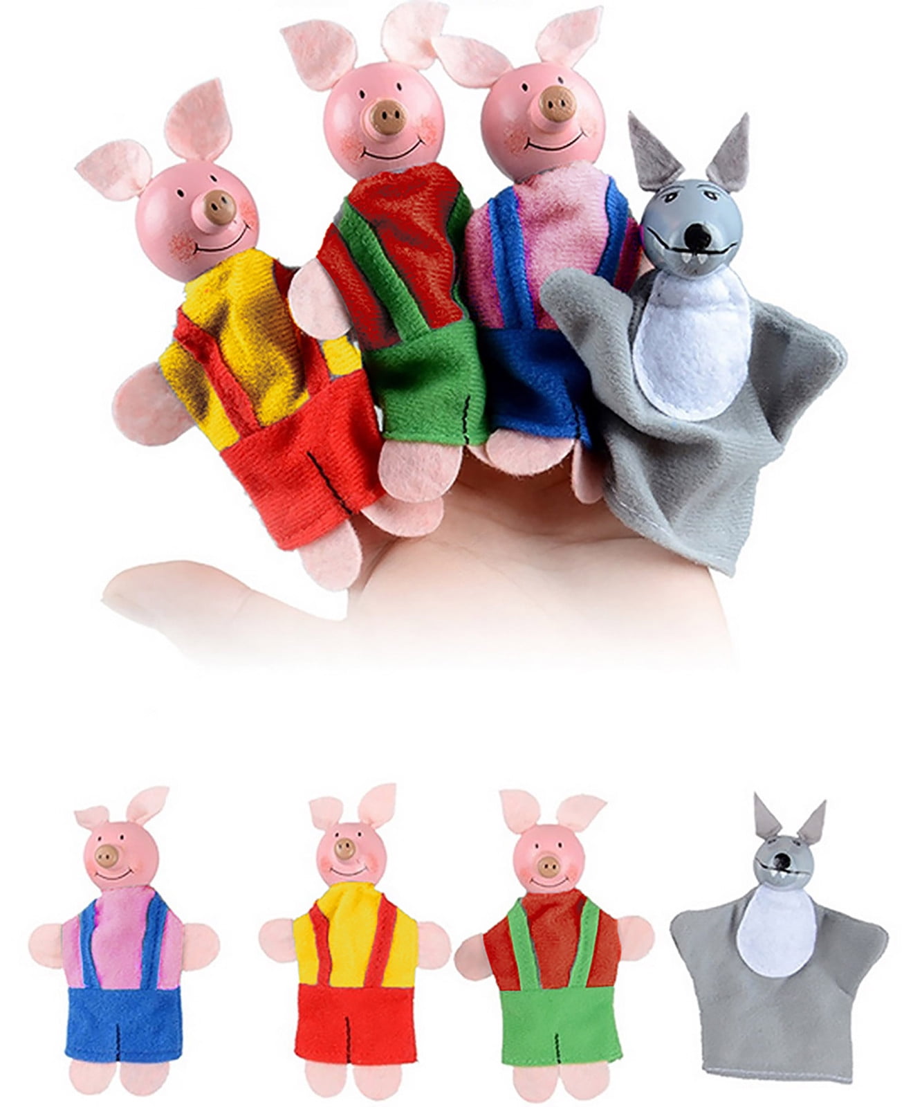 4 Pcs/set Three Little Pigs Finger Puppets Wooden Headed Baby Educational Toy YR 