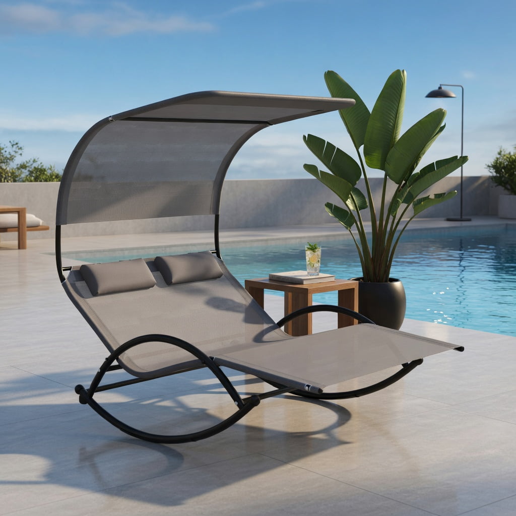 Hommoo 2-Person Outdoor Rocking Sunbed with Adjustable Canopy & Detachable Headrests, Metal Patio Lounger for Backyard, Poolside, Deck, Gray