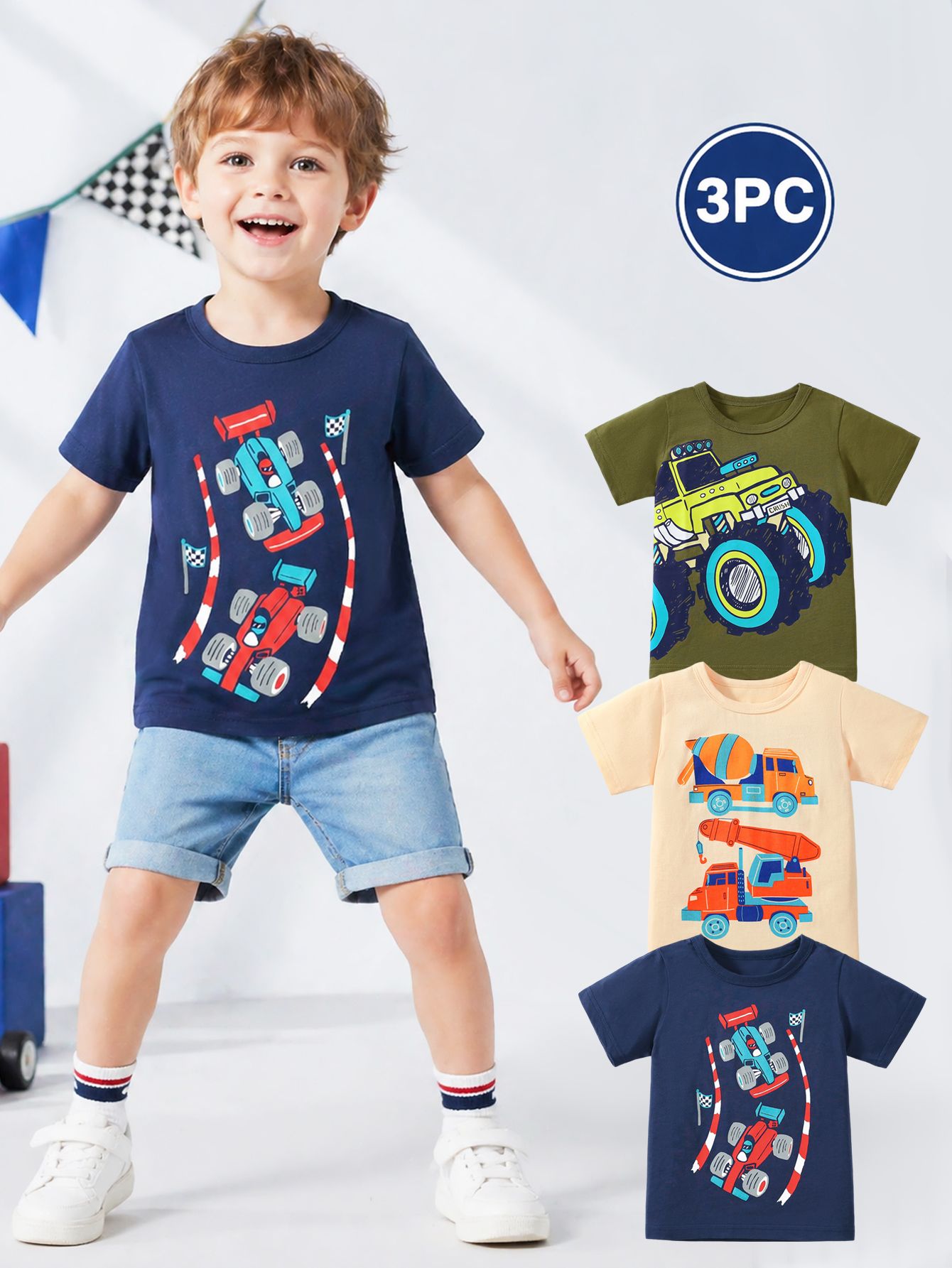HILEELANG 2-7T Toddler Little Boys 3-Pack T-Shirts Truck Car Construction Vehicle Graphic 100% Cotton Short Sleeve Summer Tees Blue Green Yellow 2T 3T 4T 5T 6T 7T