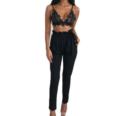 Women Trousers - Womens High Waist Tie Belt Paperbag Trousers Ladies Party Cigaratte Long Pants