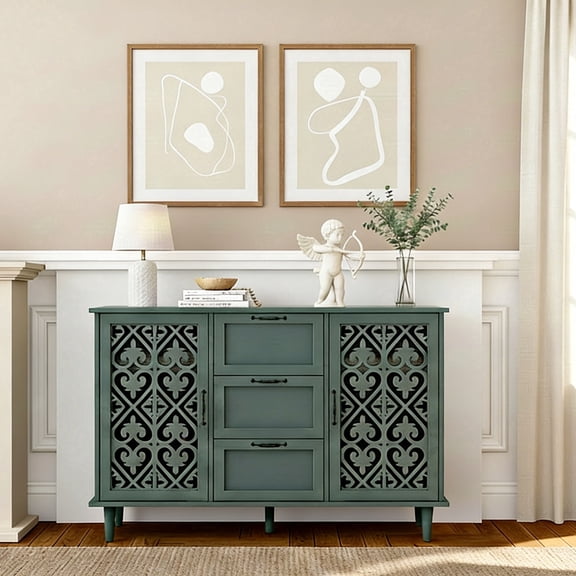LFGUIZO 47″ Green Cabinet with Heart-Shaped Carved Doors Bohemia Sideboard with 3 Drawers 2 Doors and 2 Shelves Accent Storage Living room TV Stand