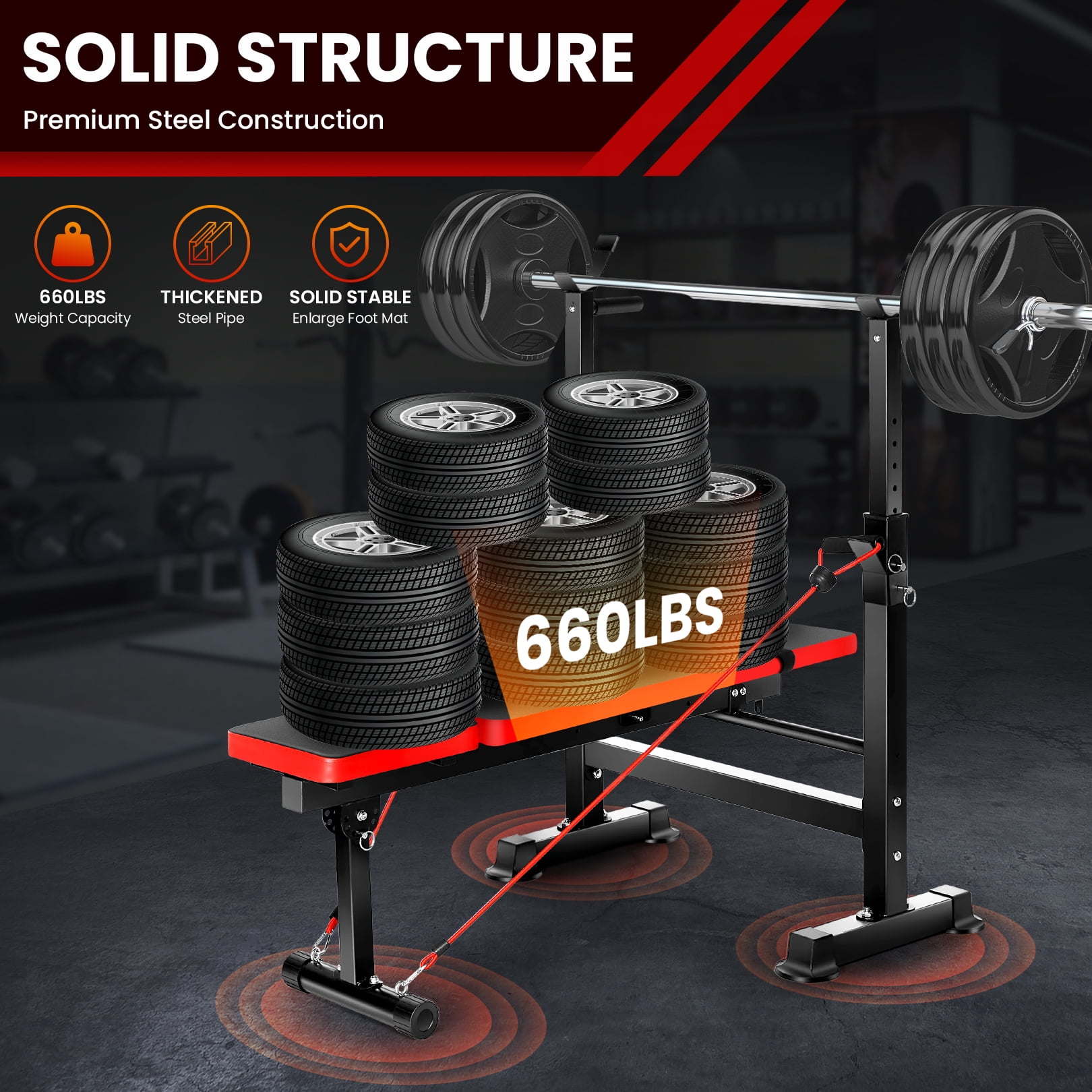 VIBESPARK Adjustable Weight Bench 600lbs 4-in-1 Foldable Workout Bench Set with Barbell Rack & Pull Rope, Multi-Function Strength Training Bench Press Exercise Equipment for Home Gym