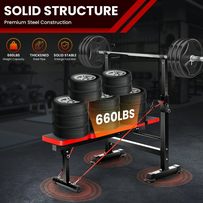 VIBESPARK Adjustable Weight Bench 600lbs 4 in 1 Foldable Workout Bench Set with Barbell Rack Pull Rope Multi Function Strength Training Bench Press