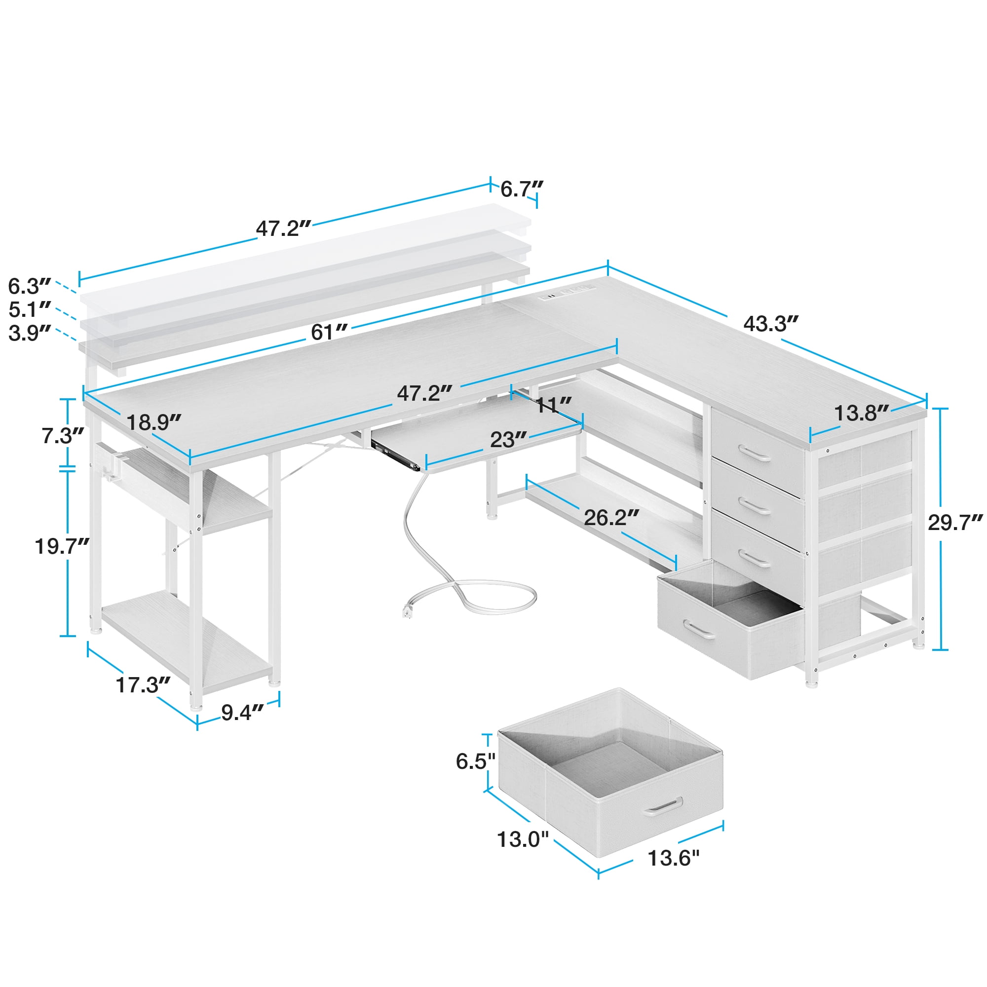 L-Shaped Computer Desk with Power Outlets, Adjustable Monitor Shelf, Storage Drawers, Keyboard Tray & LED Lights, Reversible Gaming Desk for Home Office, Pure White