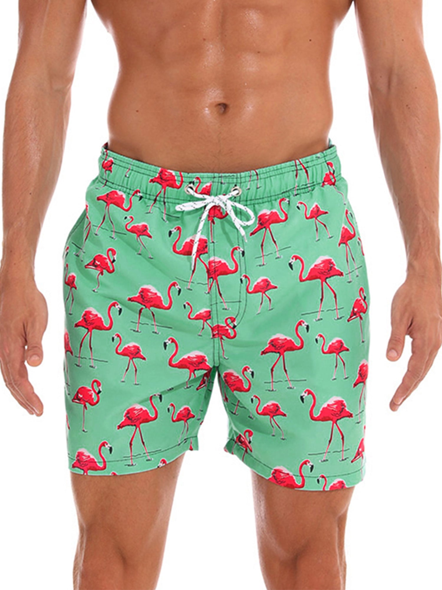 Mens Beachwear Flamingos in Green Jungle Summer Surf Board Shorts Holiday Swim-Trunks 