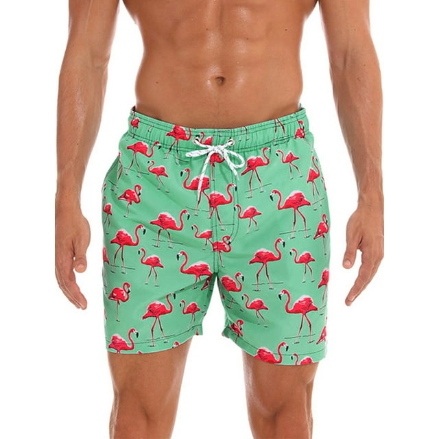 MAWCLOS Mens Beach Pants High Waist Swimsuit Drawstring Boardshorts Comfy Hot Spring Pocket Swimming Suit Green Flame Bird L