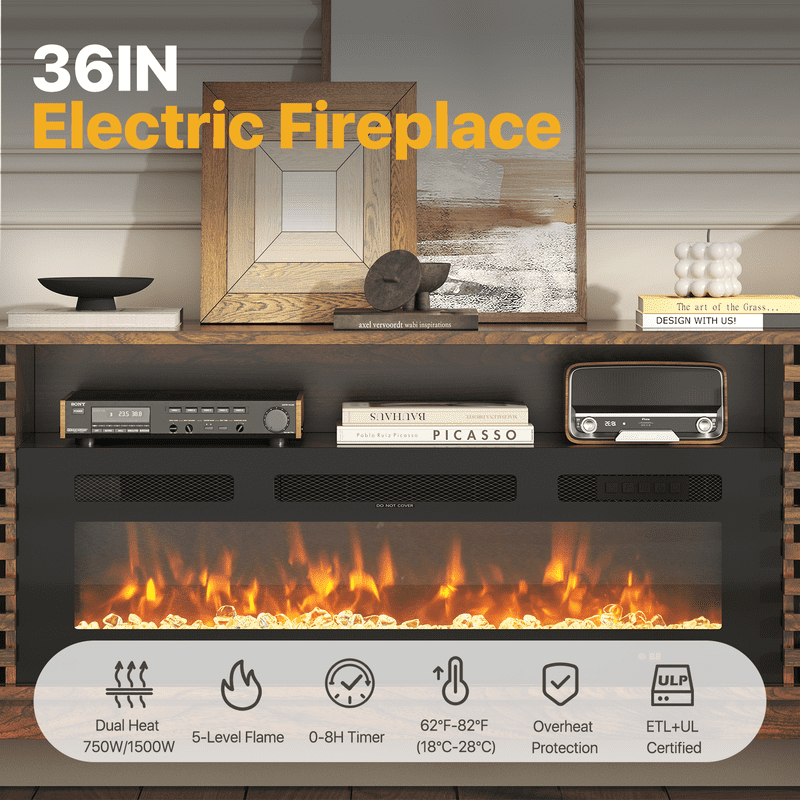 BaPiPro Mid‑Century Modern Fireplace TV Stand with 36 Inch Electric Fireplace 12‑Color RGB LED Lights Fits TVs up to 80 Inch Wood Media Console with Slatted Sliding Doors for Living Room Brown