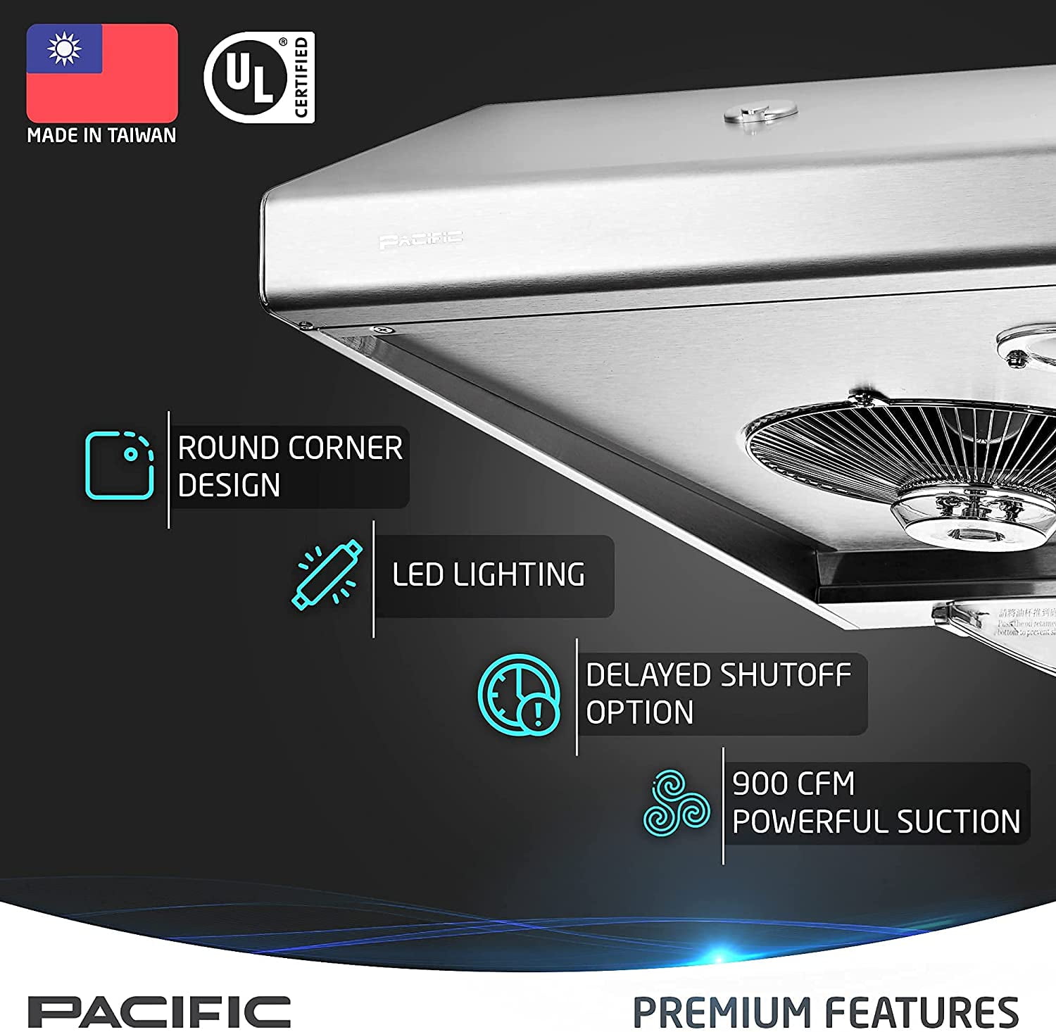 Pacific Kitchen Vent Hood AC3000BS – 30 Inch Under Cabinet Range Hood – Filterless Modern Stainless Steel Hood Vent with 900 CFM Suction, Dual Fans, LED Touch Controls and Auto-Clean Function