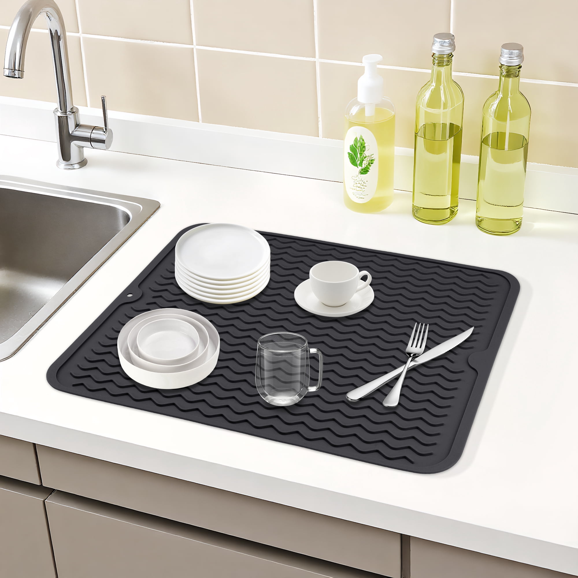 Unique Bargains Silicone Easy Clean Waterproof Dish Drying Mat Black 15.7*11.8 inch