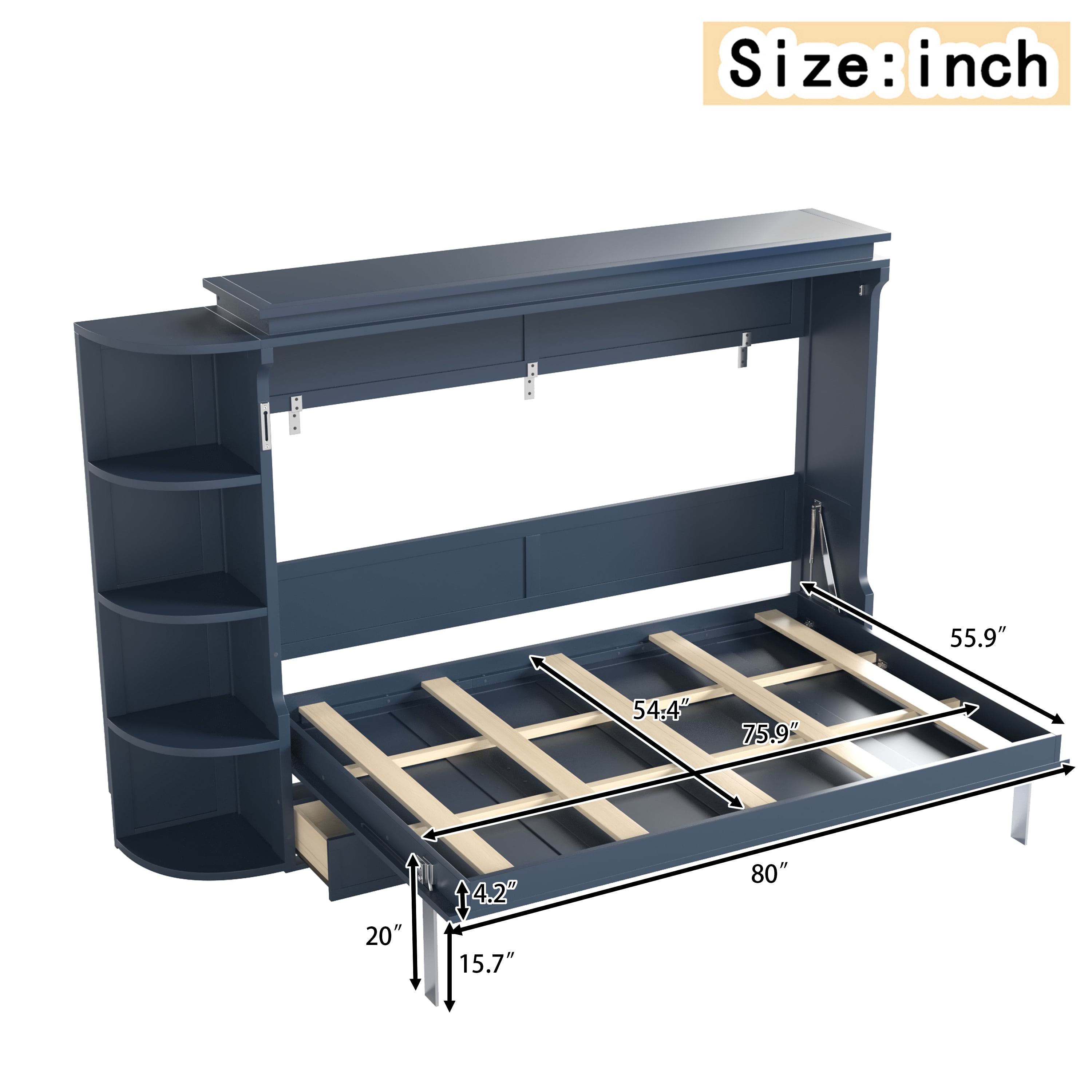 Mintazer Full Murphy Bed with Side Cabinets & 3 Drawers, Wall Foldable Bed with Storage for Bedroom Guest Room Home Office, Blue