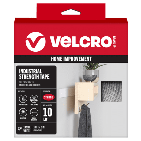 VELCRO Brand Industrial Strength | Indoor & Outdoor Use | Superior Holding Power on Smooth Surfaces | Size 10ft x 2in | Tape, White - Pack of 1