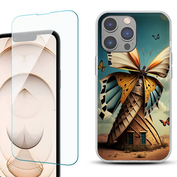 Slim-Fit TPU Phone Case for iPhone 14 Pro, with Tempered Glass Screen Protector, by OneToughShield ® - Butterfly Windmills
