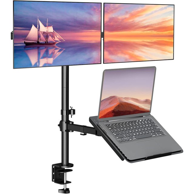 Support Double Moniteur pour Ordinateur Portable et Moniteur pour 2 Écrans 1 Ordinateur Portable Support de Bureau Extra Haut pour Moniteur jusqu'à 27 Pouces Ordinateur Portable jusqu'à 17 Pouces (M002XLLP) Noir
