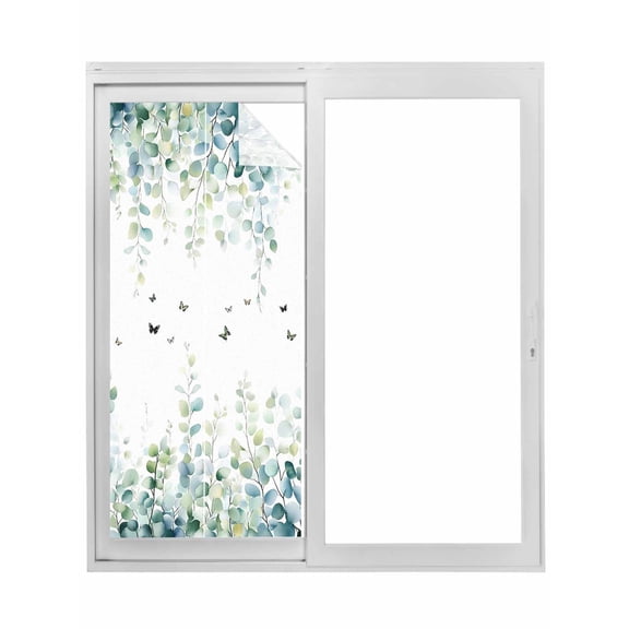 Non-Adhesive Static Cling Window Tint, Eucalyptus Leaves Window Privacy Film Frosted, Spring Pastoral Butterfly Botanical Insulated Windows Frosted Films for Living room, 35.4 x 78.7 Inches