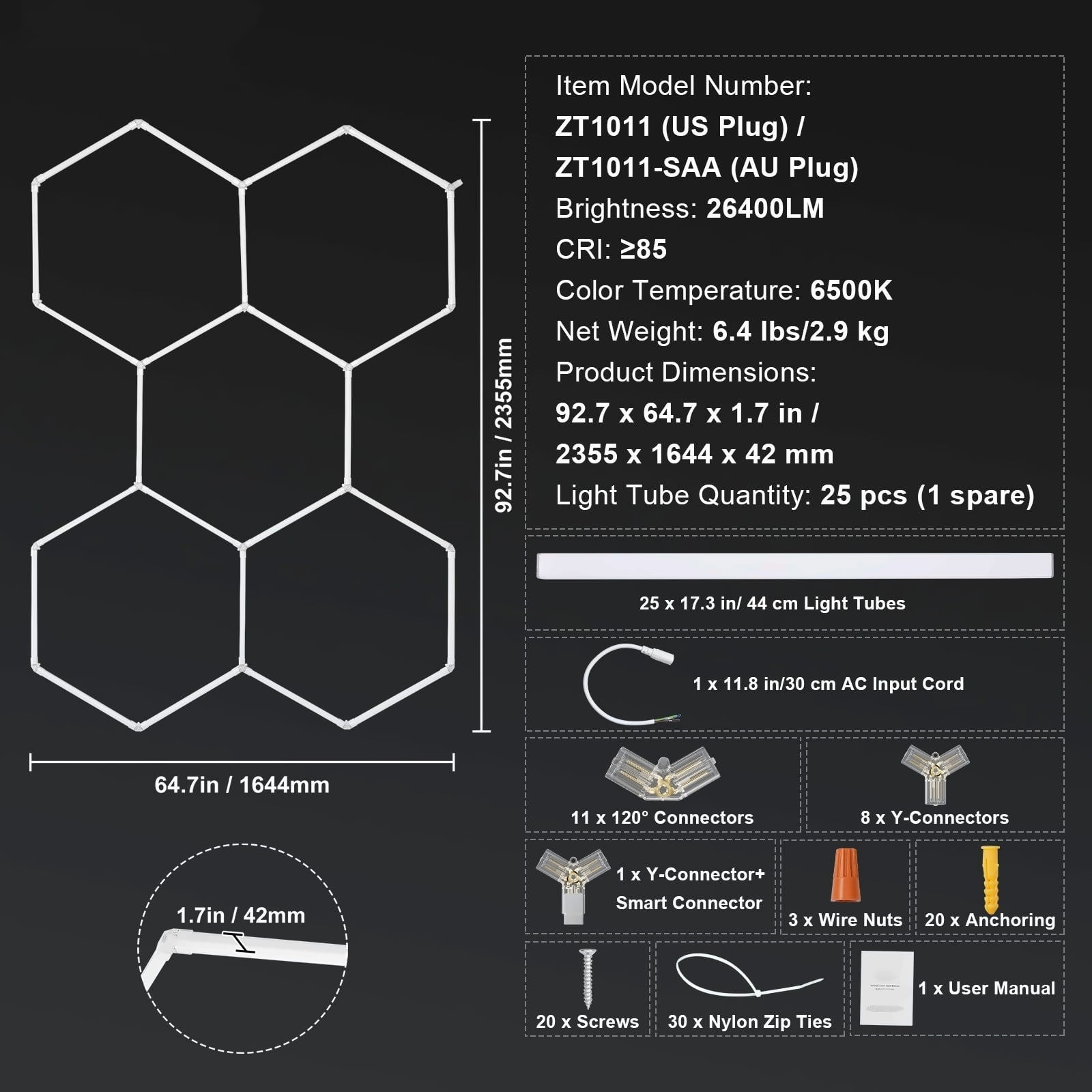 Hexagon Garage Lights 26400LM, 5-Panel LED Shop Ceiling Light, 6500K Daylight, DIY Modular Design, Honeycomb LED Fixture for Garage, Workshop, Basement