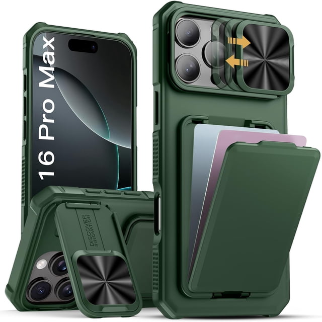 Funda de teléfono SSLOTSCASE para iPhone 16 Pro Max con tarjetero, color verde