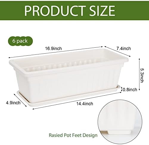 RibRave 6 Pack Window Box Planter, 17 Inches Vegetable Flower Plastic Planter Boxes with Tray, Rectangular Planter Indoor and Outdoor Flower Pots for Windowsill, Patio, Porch, Garden Balcony, White