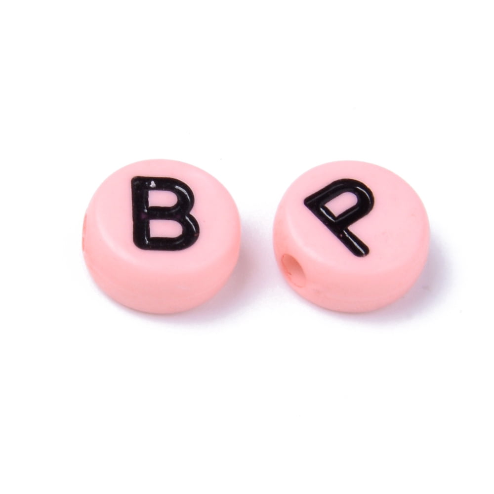 Opaque Acrylic Beads Horizontal Hole Flat Round with Black Random Letters Pink 10x4.5mm Hole: 2mm about 1600pcs/500g Acrylic