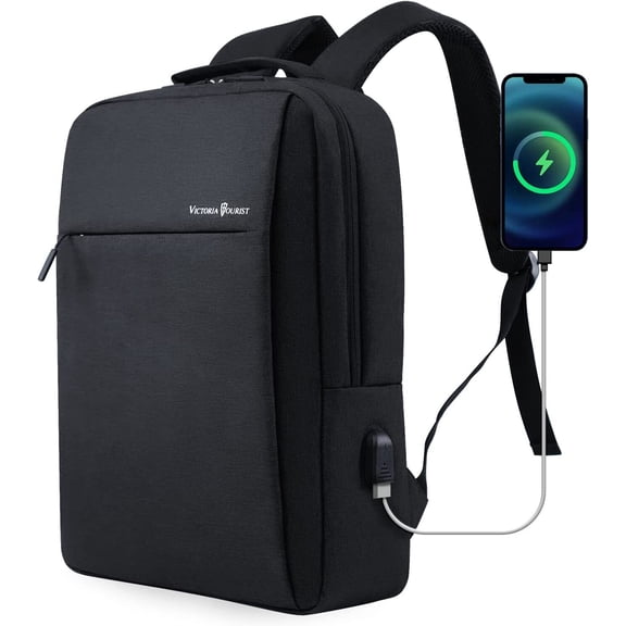Victoriatourist Laptop Backpack 15.6 In Business Slim Durable USB Charging Port- Black