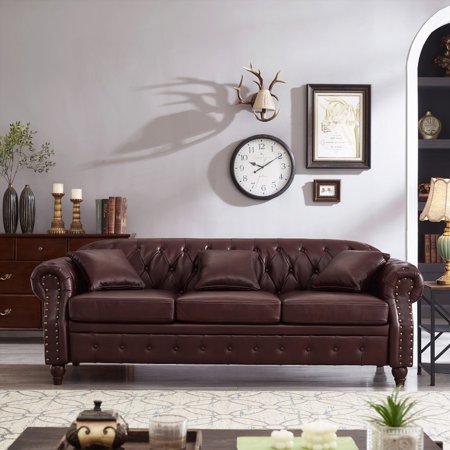 Modern Chesterfield Sofa with 85.8" Length in Burgundy Faux Leather for Living Room