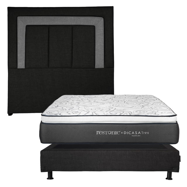 Colchón Matrimonial Restonic Trini + Box Base Cama + Cabecera Bora Negro