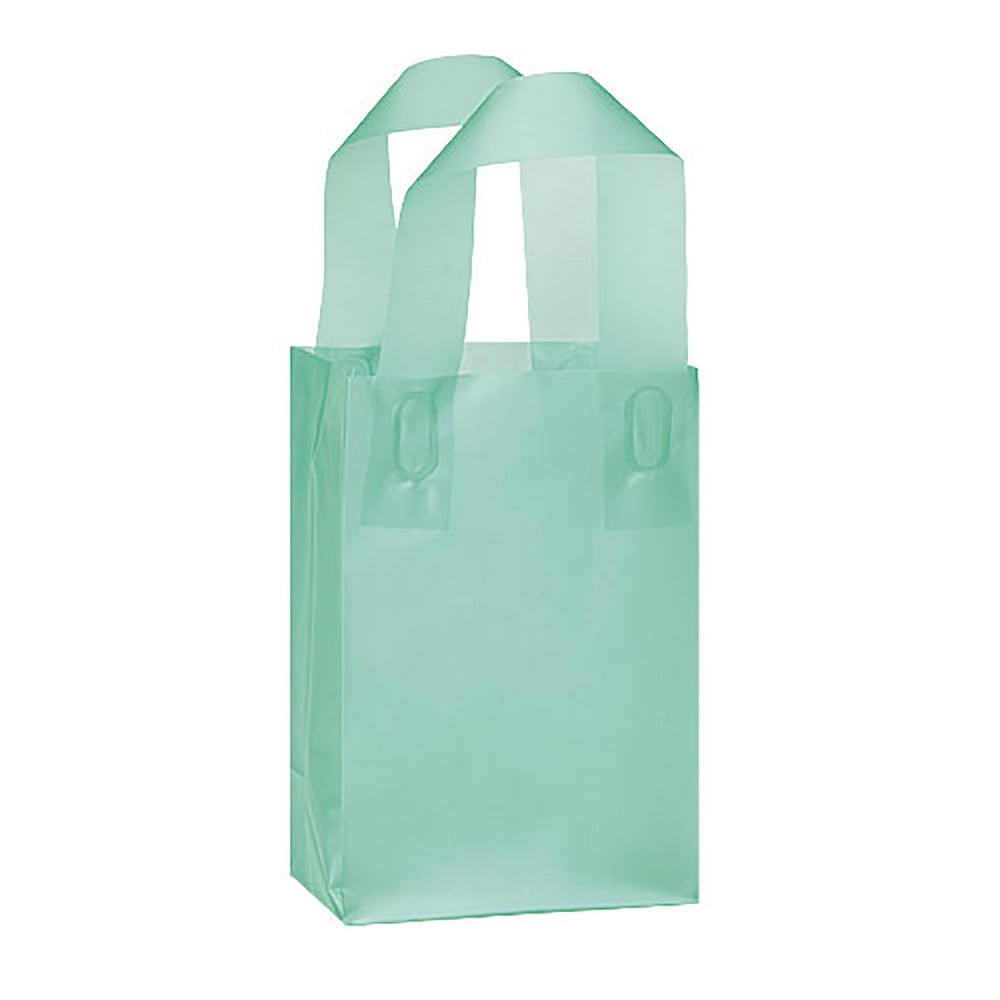 Small Aqua Frosted Plastic Shopping Bags 5" x 3" x 7" Case of 100