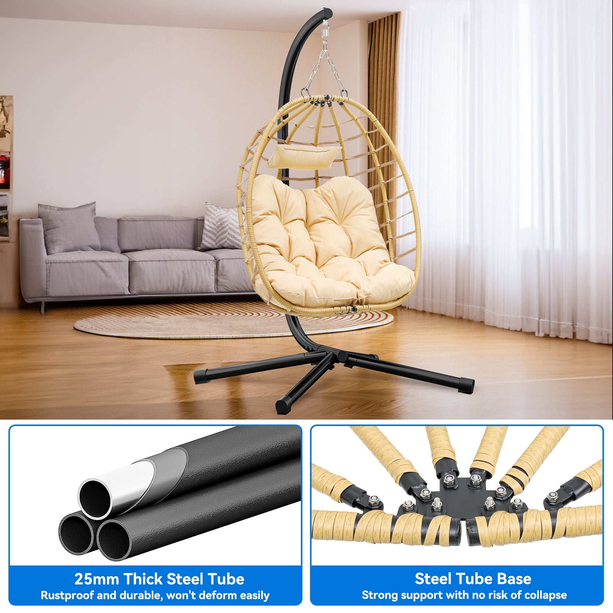 Uforic Outdoor Wicker Egg Chairs Indoor with Steel Stand for Patio, Bedroom, Garden and Balcony, Beige