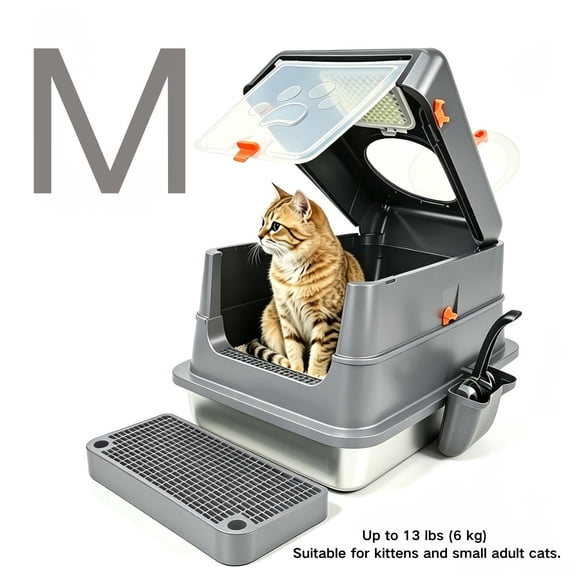 4-Mode Switchable Closed Cat Litter Box, Leak-Proof & Scratch-Resistant, Easy to Clean with Sand-Proof Pedal & Free Scoop, Large Cat Litter Box for Most Cats