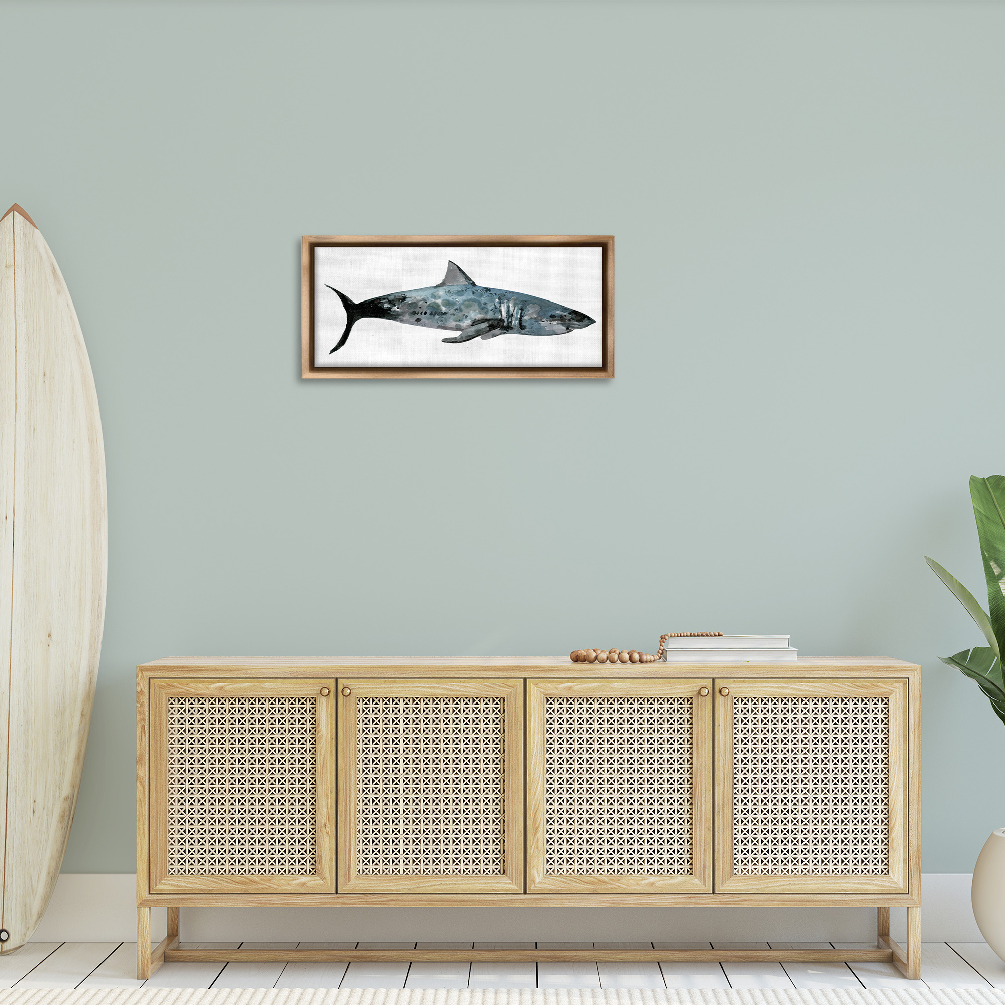 Stupell Industries Watercolor Textured Shark Animals & Insects Painting Brown Floater Framed Canvas Art Print Wall Art, 31 x 14