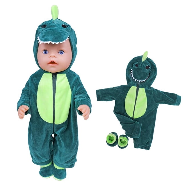 ropa para muñecas de 43cm y 18 pulgadas, pijama unido con sombrero para muñeca bjd 1/4, pijama verde de felpa con capucha tipo dinosaurio para muñeca reborn de 43–45 cm, cierre frontal y zapatitos incluidos, fondo blanco. También a menudo se usa como disfraz para sesiones de fotos de muñecas.