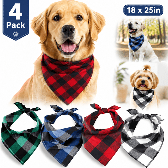 Emlimny Plaid Dog Bandana 4 Pack - Cotton Bandanas Handkerchiefs Scarfs Triangle Bibs Accessories for Small Medium Large Dogs Puppies Pets, Black and White, Red, Green, Blue and Navy Blue