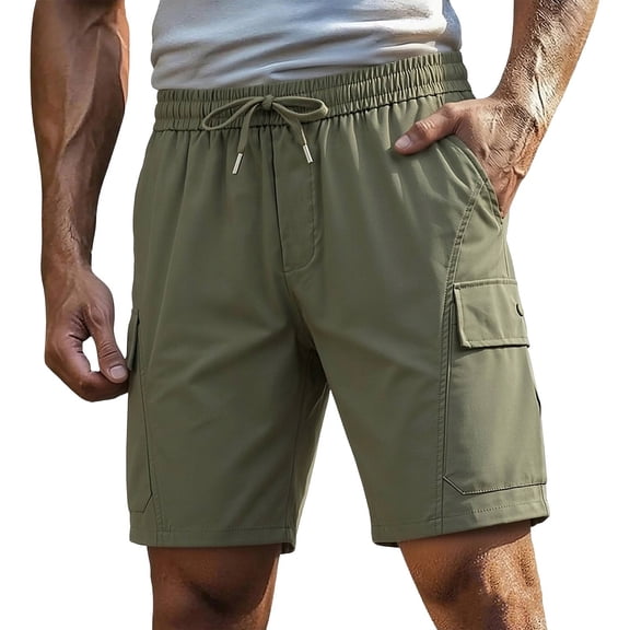 CONZONE Mens Cargo Shorts Elastic Waist Drawstring Summer Shorts for Men Solid Color Lightweight Loose Fit Outdoor Shorts With Pockets