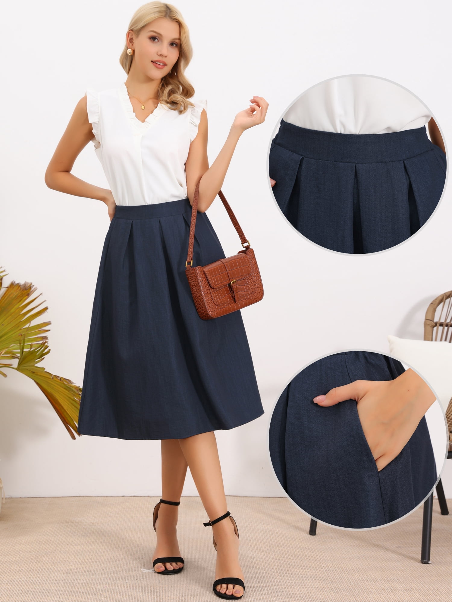DARING DIVA Women's Vintage A-Line Business Midi Skirts M Navy Blue