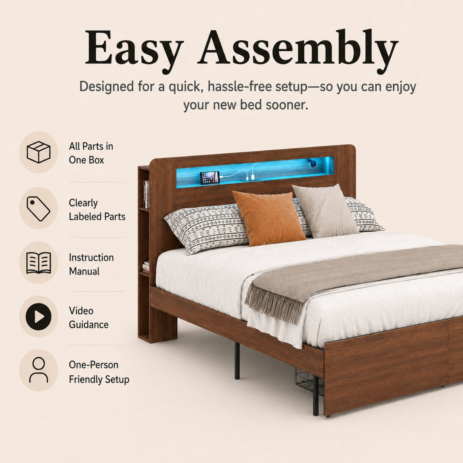 Miniyam Queen Farmhouse Bed with Storage Headboard, LED Lights and Charging Station, Platform Bed Frame with 2 Drawers, Brown