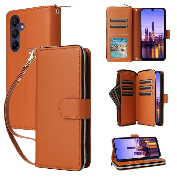 Decase for Samsung Galaxy A16 5G Crossbody Strap PU Leather Wallet Case,9 Card Slots,1 Cash Slot,1 Zipper Purse with Wrist Strap, Magnetic Buckle Flip Leather Kickstand Shockproof Case,Brown