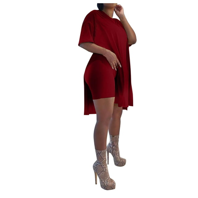 Ketyyh-chn99 Ensembles de Pyjama pour Femmes Pyjamas d'Été pour Femmes Mode Décontractée Impression d'Été Manches Courtes Col Rond Ensemble de Shorts Vin,TG