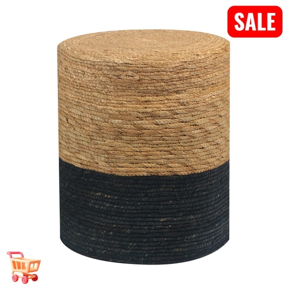 Tcbosik 14" Round Natural Seagrass Foot Stool, Hand Weave Foot Rest, Home Decor Ottoman for Living Room, Bedroom, Entryway, Natural Black