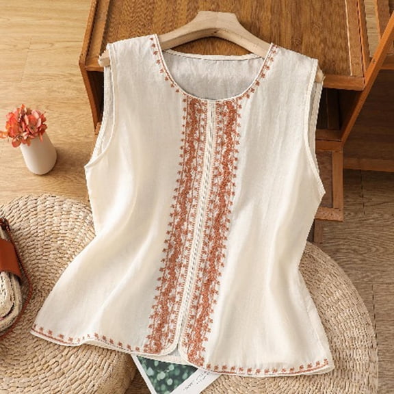 Sokhug Linen Cotton Round Neck Womens for Women Embroidered Vertical Stripe Sleeveless Tank Top, Loose Fit Casual Outdoor Daily Shirts