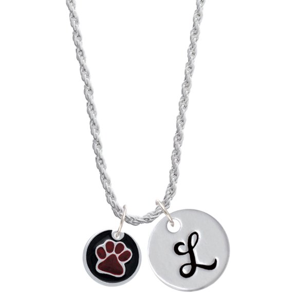 Delight Jewelry Silvertone Maroon Paw on Black Disc Silvertone Script Initial Disc - L - Charm Necklace, 20"+3"