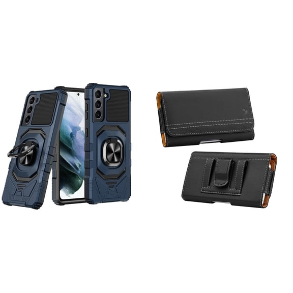 Case with Belt Holster Bundle for Samsung Galaxy S22 Ultra: Heavy Duty Shield Cover (Blue) and PU Leather Magnetic Phone Pouch