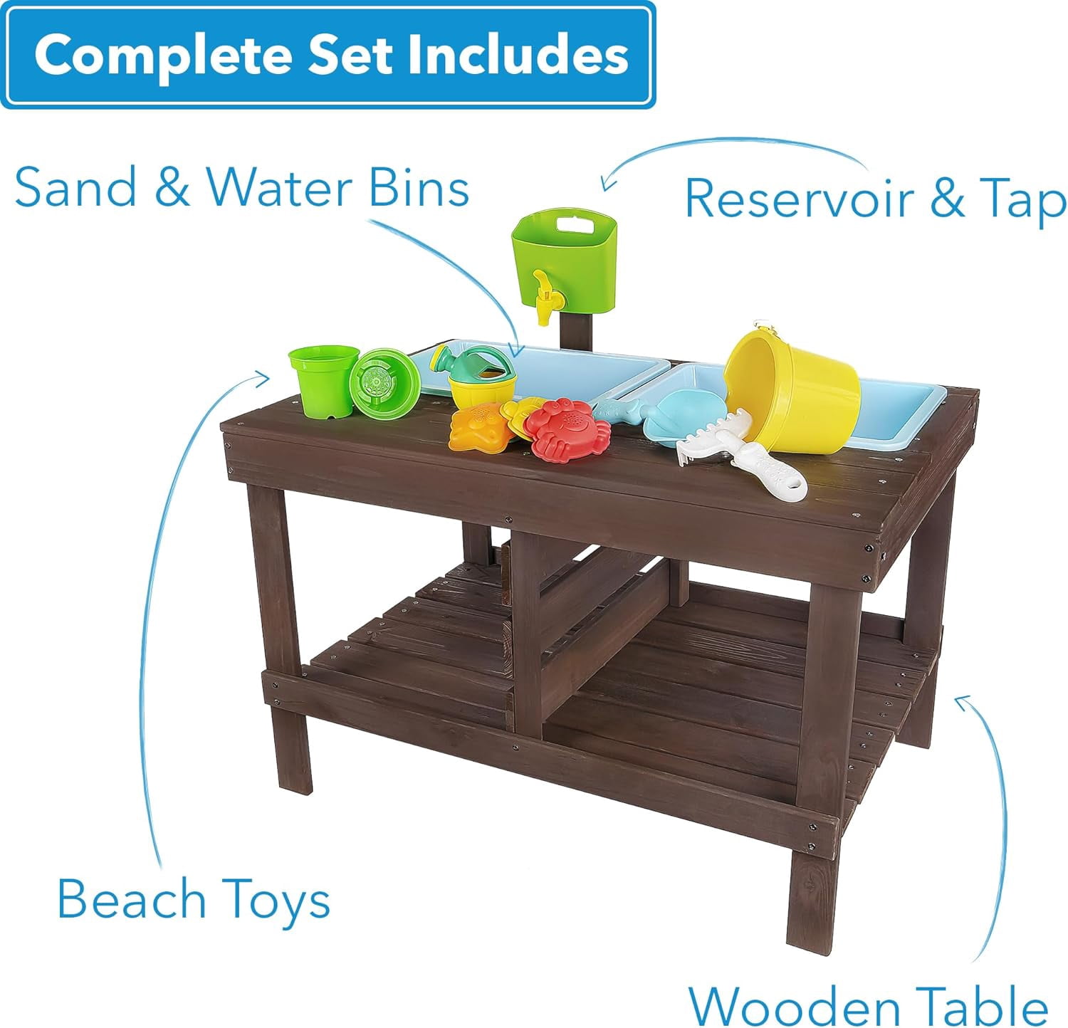 WonkaWoo Sand and Water Table for Toddlers Wooden Sensory Activity Table with Beach Toys