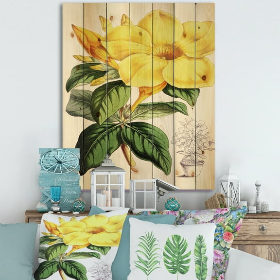 Designart 'Green Leaves With Tropical Yellow Flowers II' Traditional Print on Natural Pine Wood