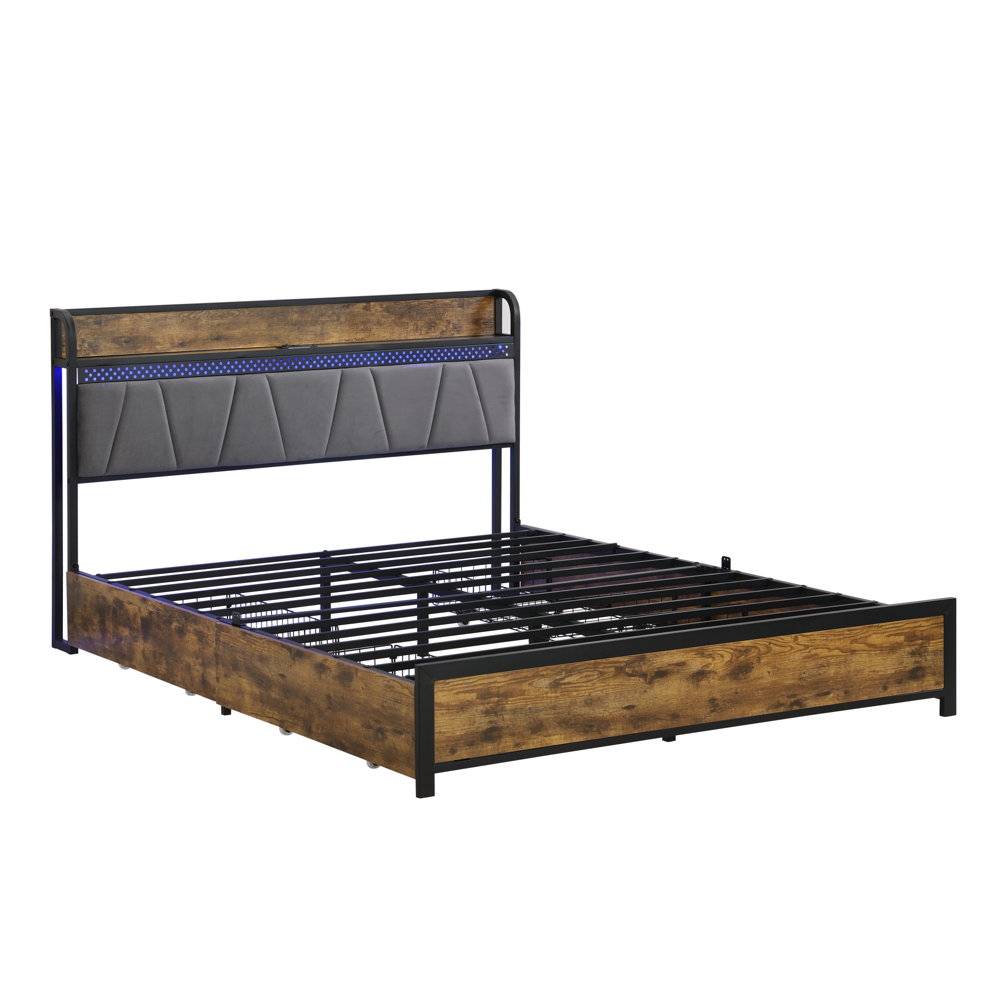 Leumius Full Size Bed Frame with LED Lights, Industrial Platform Bed with Charging Station & 4 Storage Drawers, Full