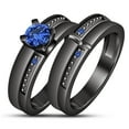 thumbnail image 2 of Mahablijewels His & Her Lab Created Blue Sapphire 14K Black Gold Finish Silver 3 Piece Trio Ring Set, 2 of 5