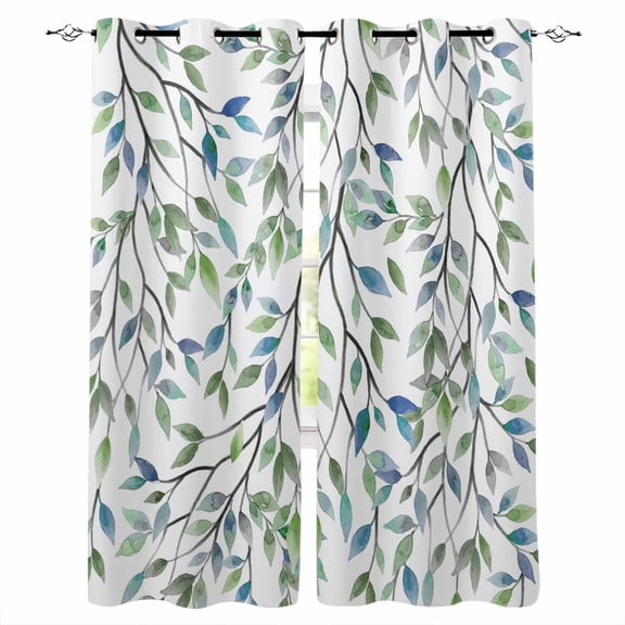 Blue Green Eucalyptus Blackout Curtains for Bedroom/Living Room, Thermal Insulated Kitchen Curtains, Spring Botanical Leaves Weeping Grommet Darkening Window Treatment Drapes 27.5"x39"x2