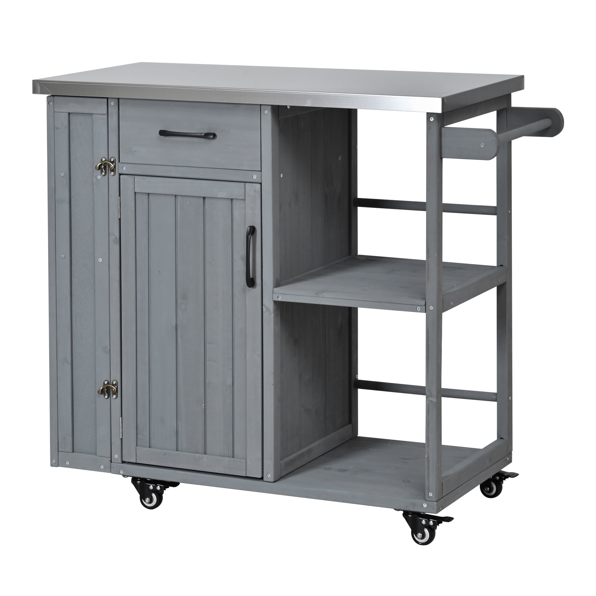Outdoor Kitchen Island with Stainless Steel Top, Fir Wood Prep Station, Lockable Kitchen Cart with Storage Cabinet for Patio, BBQ, Grey