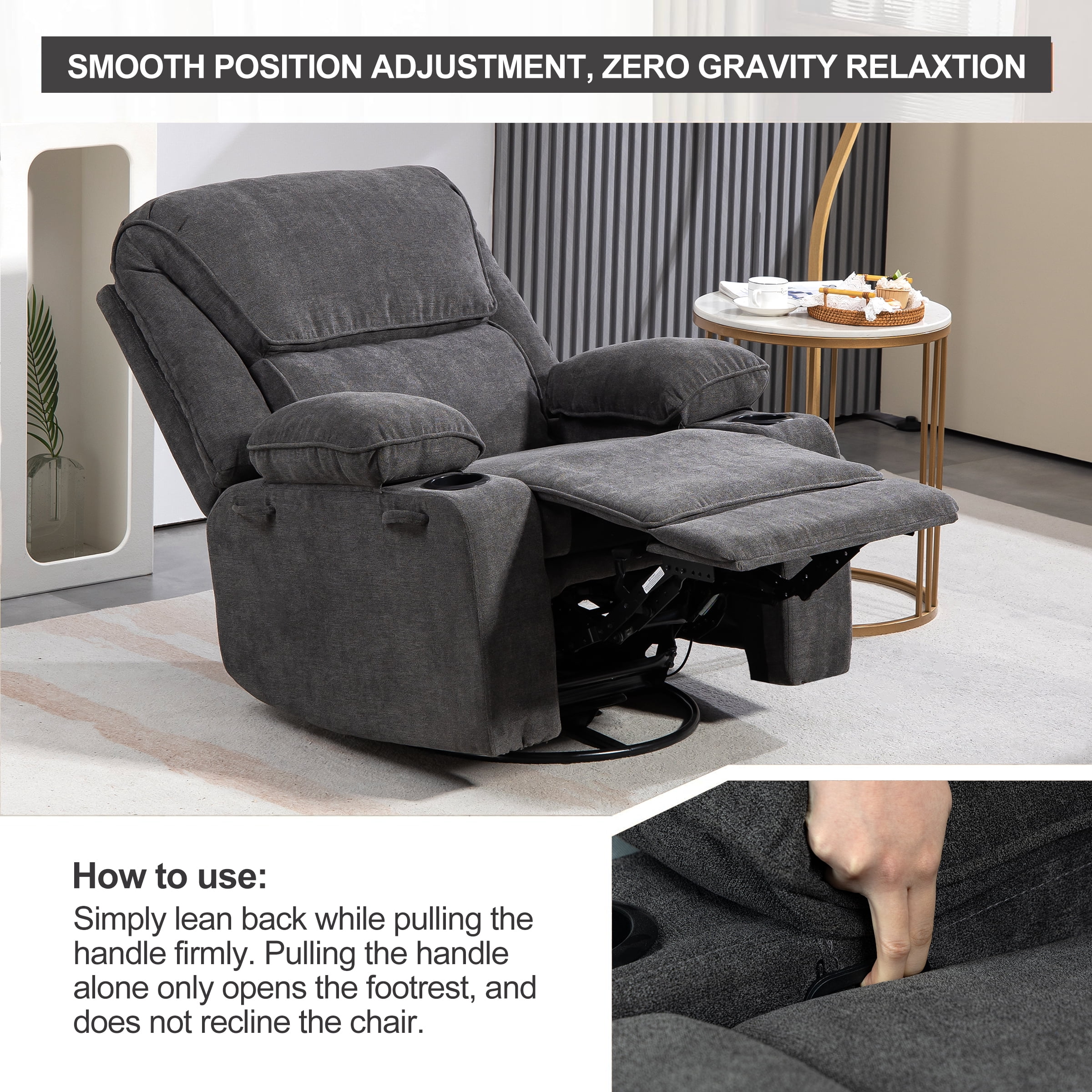 BRTHORY Swivel Rocker Recliner Chair with Heat and Massage, Upholstered Comfy Soft Fabric Recliner Chair for Home Theater, Dark Gray