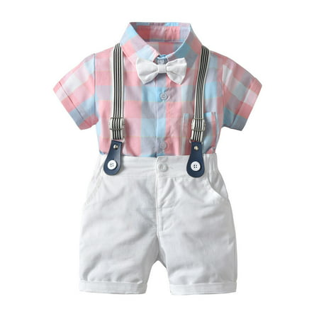 

Toddler Baby Boy Kids Gentleman Plaid Bow Tops T-shirt Solid Short Pants Outfits Size 3 Months-24 Months