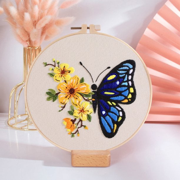 Tookss 1PCS Diy Embroidery Kit Butterfly Flower Pattern Needlework Set With Embroidery Hoops